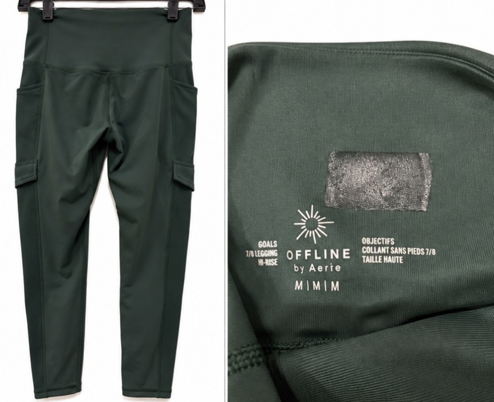 OFFLINE by Aerie Goals Women's Leggings Green Size M High Rise Cargo Pockets 7/8